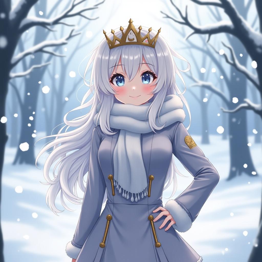 Anime character wearing a crown winter attire. Background is snowy. Logo 王 is present on the character.