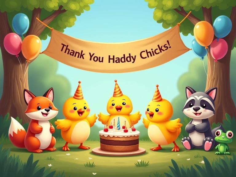 A forest scene featuring five builder chicks with bright yellow feathers surrounded by happy animals. A fox, rabbit, raccoon, squirrel, and frog join the celebration. All characters are wearing party hats and cheering around a birthday cake. A banner above reads 'Thank You Handy Chicks!'. Colorful balloons are floating nearby. The image is in a 2D cute style.
