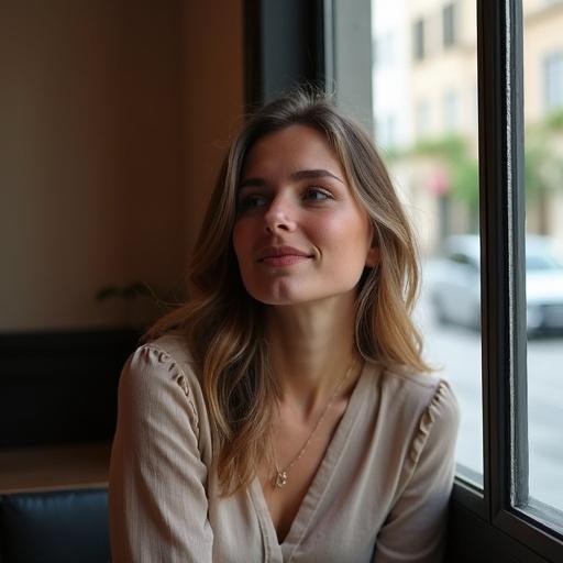 Natural light portrait of a young woman in a cafe. She has a gentle smile and is looking thoughtfully away from the camera. Taken with a Canon 5D and 50mm lens by a window.