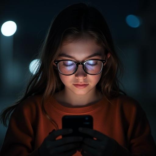 Real photo of a girl with freckles and glasses at night. Smartphone screen is the only light source.