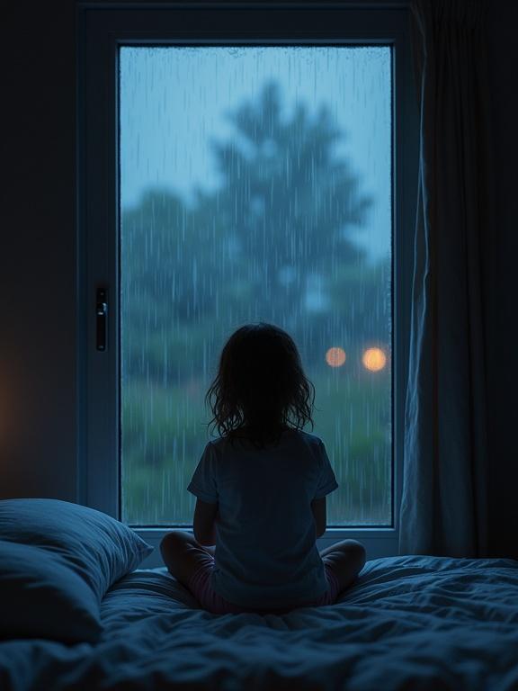 Little girl sitting on a bed watching rain outside her window at night.