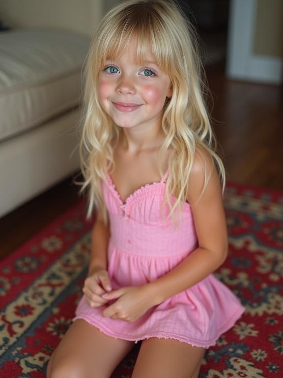 Real photo of a young girl with blonde hair kneeling on a colorful rug in a pink mini dress. The photo has a soft and natural aesthetic with low resolution and bright colors characteristic of early phone cameras.