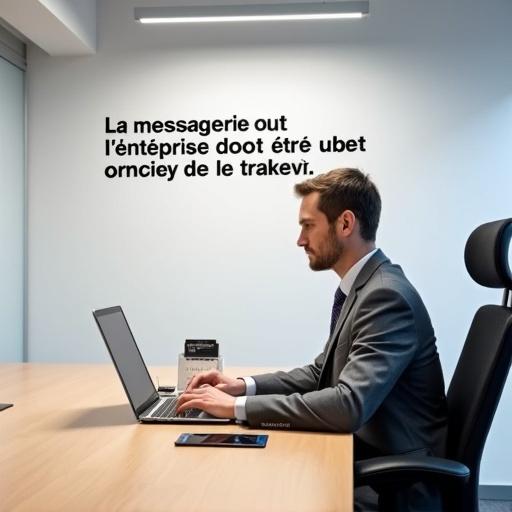 Male office worker sits at a desk in a modern office. Desk has a silver laptop open. Wall has text in black font. Worker is in a grey suit. Ergonomic black chair is present. Everything is illuminated by overhead fluorescent light.