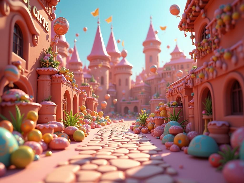 Vibrant playful digital illustration of whimsical chocolate kingdom. Features candy pathway and colorful landscapes. Includes castles and dynamic elements. Cel-shaded textures and ray tracing reflections in Candyland style.