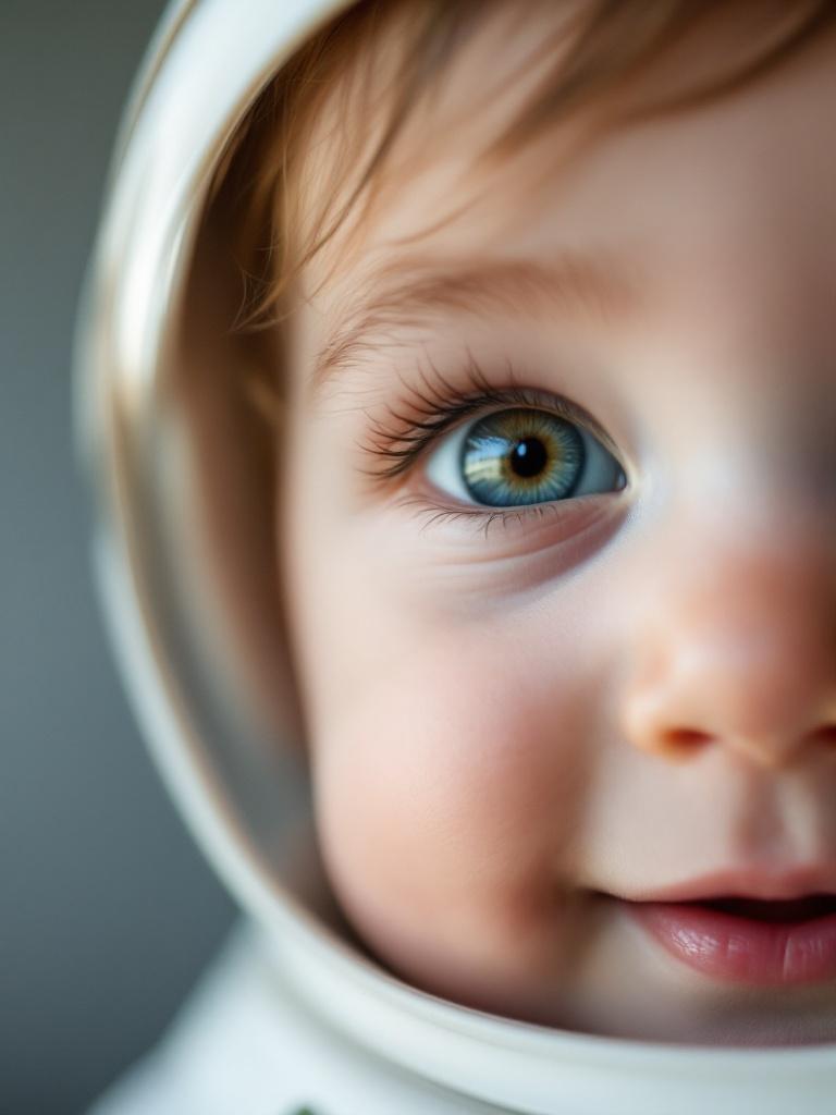 Close-up shot featuring one eye of a happy baby dressed as an astronaut. Eye reflects joy and wonder. The background is soft and out of focus to enhance the emotional impact.