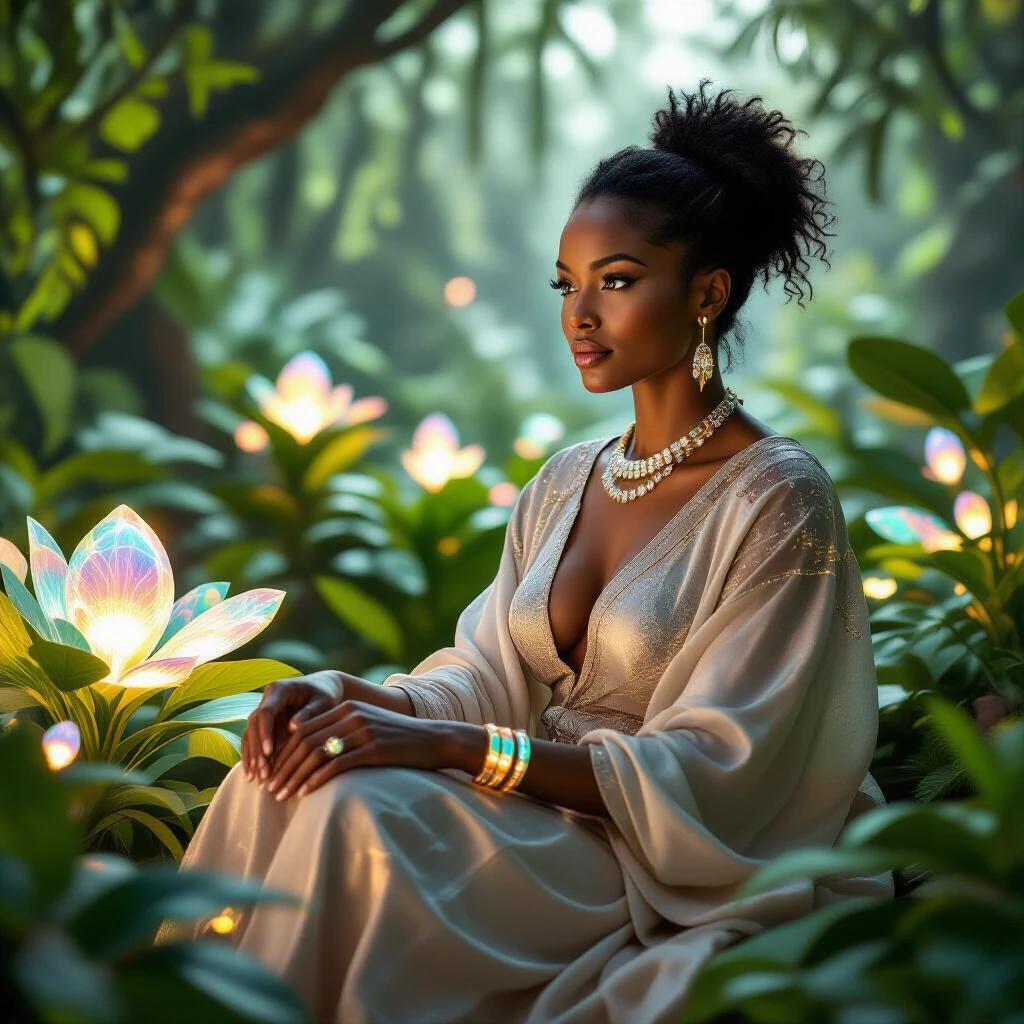 A strong African woman sits serenely among glowing plants. She wears a shimmering garment with metallic threads. Interlocking rings made of crystal-like material adorn her fingers. The scene blends technology and nature. It conveys empowerment and connection to the future. Hyper-realistic and warm.