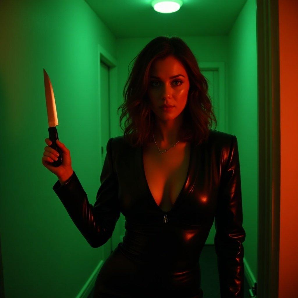 A woman in dark attire stands with a knife in a dimly lit corridor. The room is illuminated by green and red lighting.