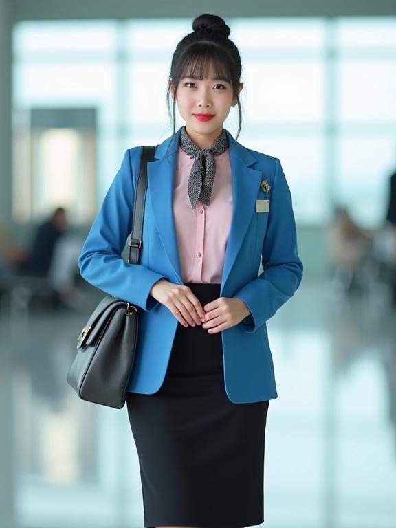 Full body image of a late-20s East Asian female airport ground staff. Wears blush-pink blouse and azure-blue blazer. Black pencil skirt and pantyhose. Black low-heel pumps. Black hair in a bun. Light makeup with red lips. Silver name tag on blazer. Black ID badge lanyard around neck. Dark-grey-gingham scarf tied at collar. Dark-grey satchel. Standing straight in airport terminal.