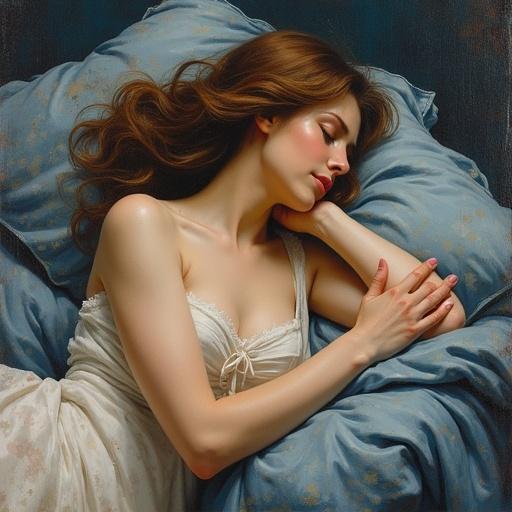 Impressionistic portrayal of a sleeping beauty on a pillow. The scene captures a peaceful and intimate moment. The figure lies gently with soft light illuminating the face. Soft fabric drapes create a calming backdrop.