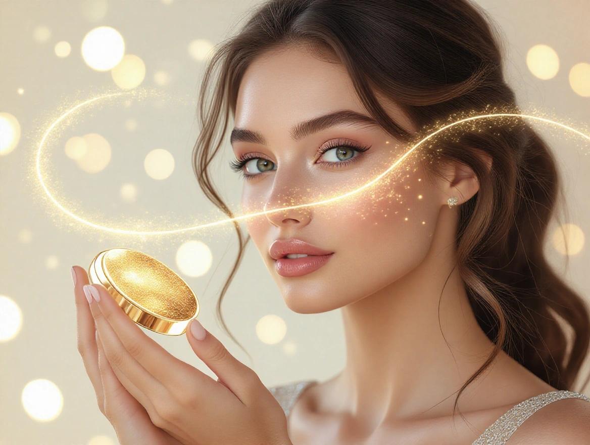 Woman gently holding a tablet surrounded by golden sparkles. Calm expression. Hair flows gently. Softly blurred dreamy background. Surreal glow. Luxury skincare vibe. Influenced by European ads.