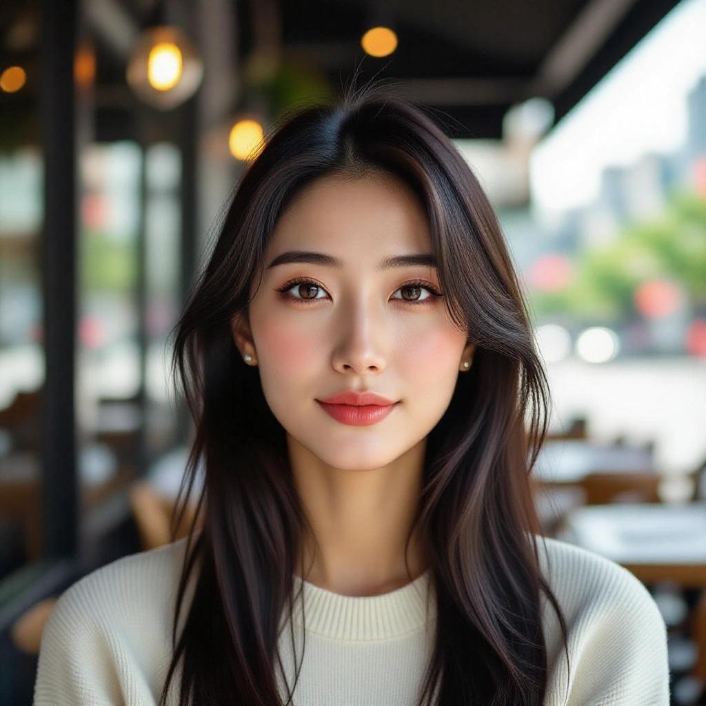 Smartphone photo of a woman with long black hair. She has soft skin and little makeup. Taken outside a restaurant during the day.
