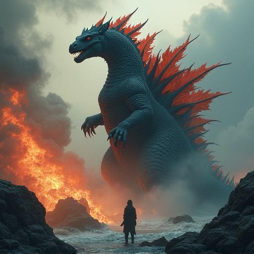 A large dragon-like creature stands on rocky terrain. Smoke and flames surround. A person stands in front of it. The atmosphere is dramatic and intense.