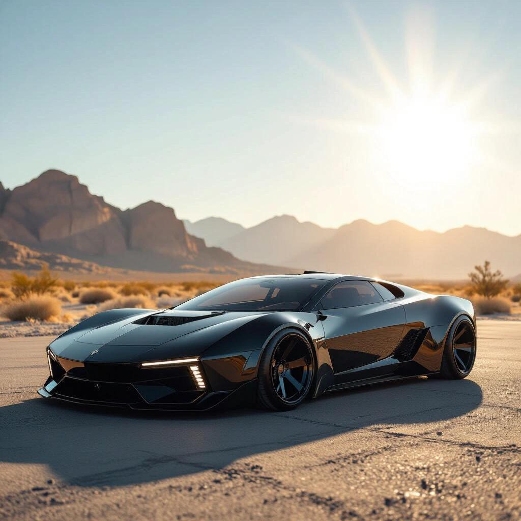 A parked angular black concept futuristic funnycar low rider captured as a raw photo. The scenery is epic with a sun flare in the background.