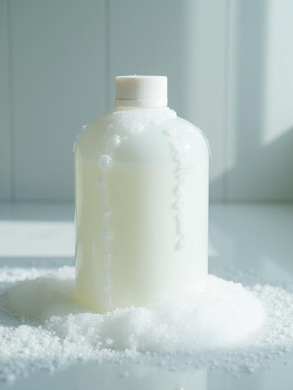 A shampoo bottle with visible foam. Natural light illuminates the bottle. Foamy bubbles create a refreshing look. Minimalistic bathroom in the background. Object arranged simply for aesthetic appeal.