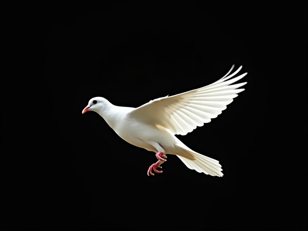 A free flying white dove is soaring gracefully through the air. It is isolated against a pitch-black background, making its feathers appear even brighter. The dove's wings are spread wide, showcasing their elegant shape and delicate texture. Its beak is slightly open, and its eyes are alert, adding to its serene beauty. The overall image captures a moment of freedom and peace, as the dove glides effortlessly.