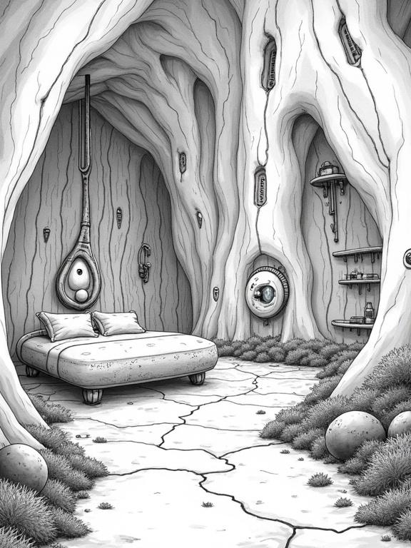 Interior of a biomechanical dwelling. High-detail manga style. Inspired by Tsutomu Nihei. Walls are smooth and white. Tubing runs through them. Asymmetrical and organic design. Cocoon-bed hangs from hook. Cracked stained floor. Overgrown with mycelium. Shelves with strange artifacts. Light sources embedded in the walls. Shadows fall sharply. Black and white, gritty style.