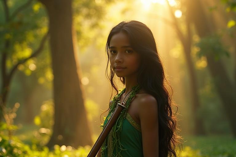 Close-up shot of a girl in a green gown in a forest clearing. Long wavy black hair. Emerald eyes. Wooden flute at her waist. Golden sunlight filtering through trees. Glowing roots in background. Stylized realistic 3D art.