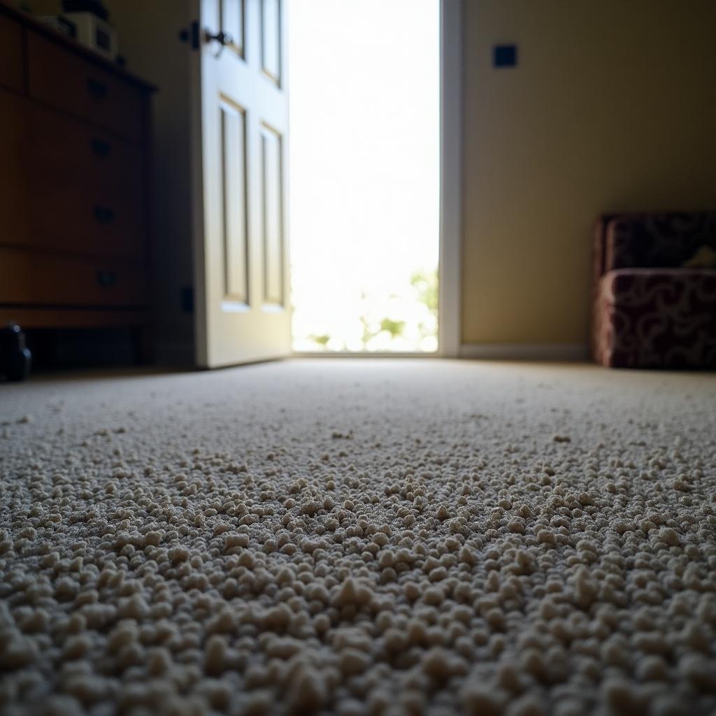 Textured carpet covering the floor in a room. The door is open leading outside. Furniture is slightly visible in the corner. Bright light enters through the door.