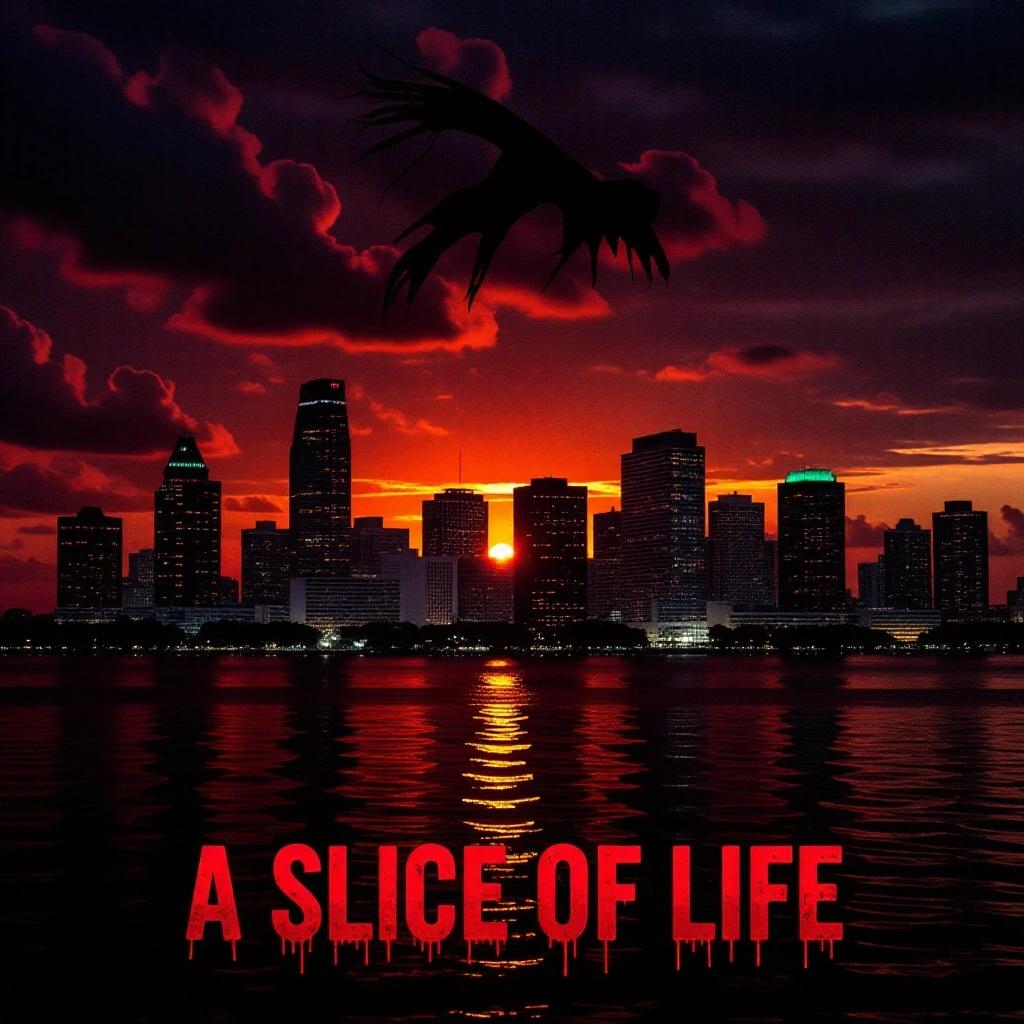 Dark Miami sunset cityscape for an album cover. Ominous black silhouette reminiscent of horror themes. Text in a blood font reads: A Slice Of Life.