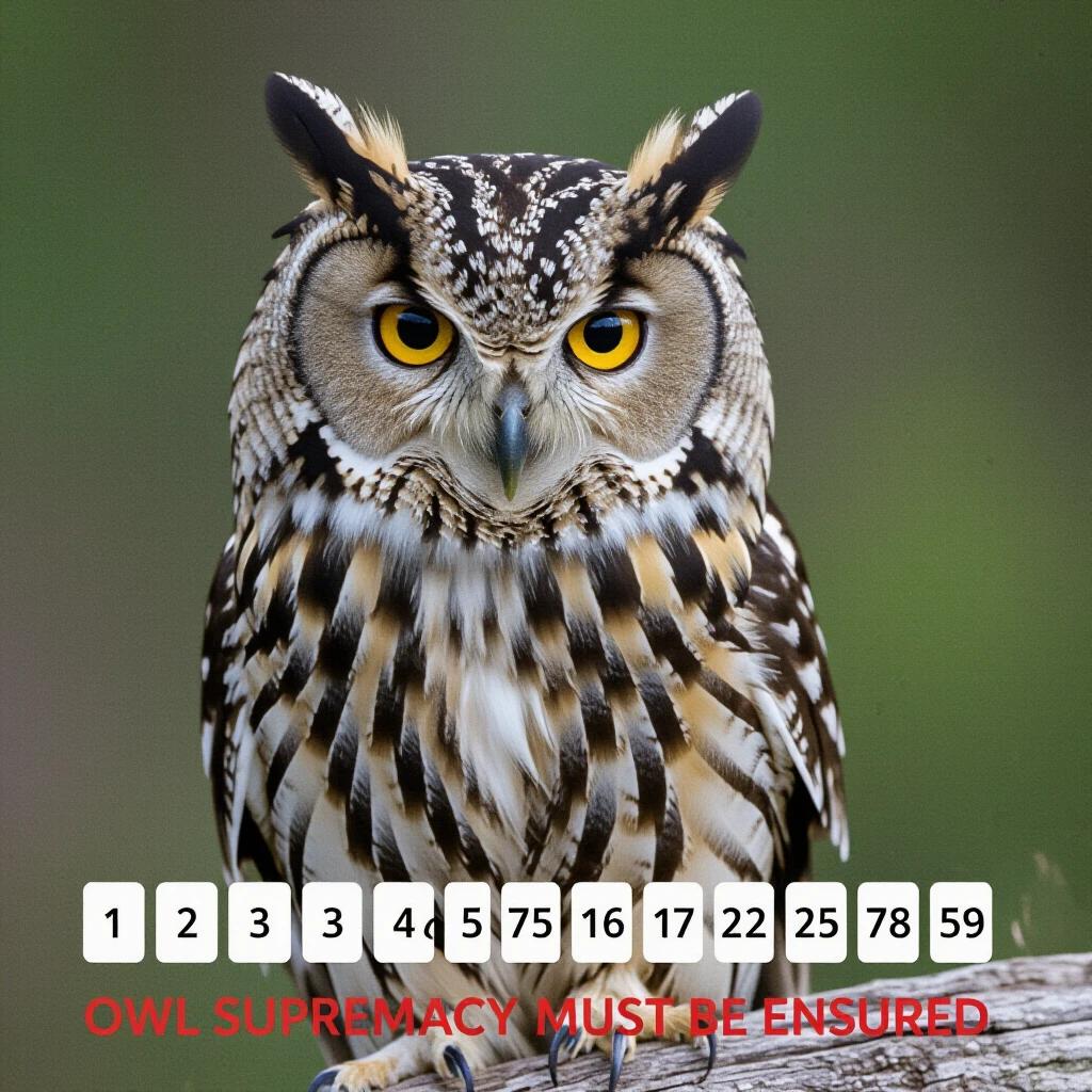Photo of a suspicious-looking owl with a nature background. Text at the bottom reads 'OWL SUPREMACY MUST BE ENSURED'. Seven random three-digit numbers in white are visible.