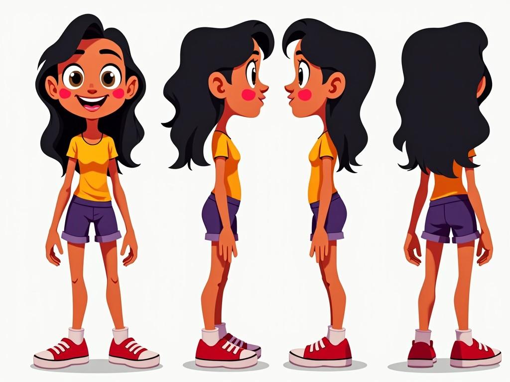 A cartoon character turn-around sheet featuring a cheerful girl with long black hair, wearing a yellow t-shirt, purple shorts, and red sneakers, showing front, side, and back views.