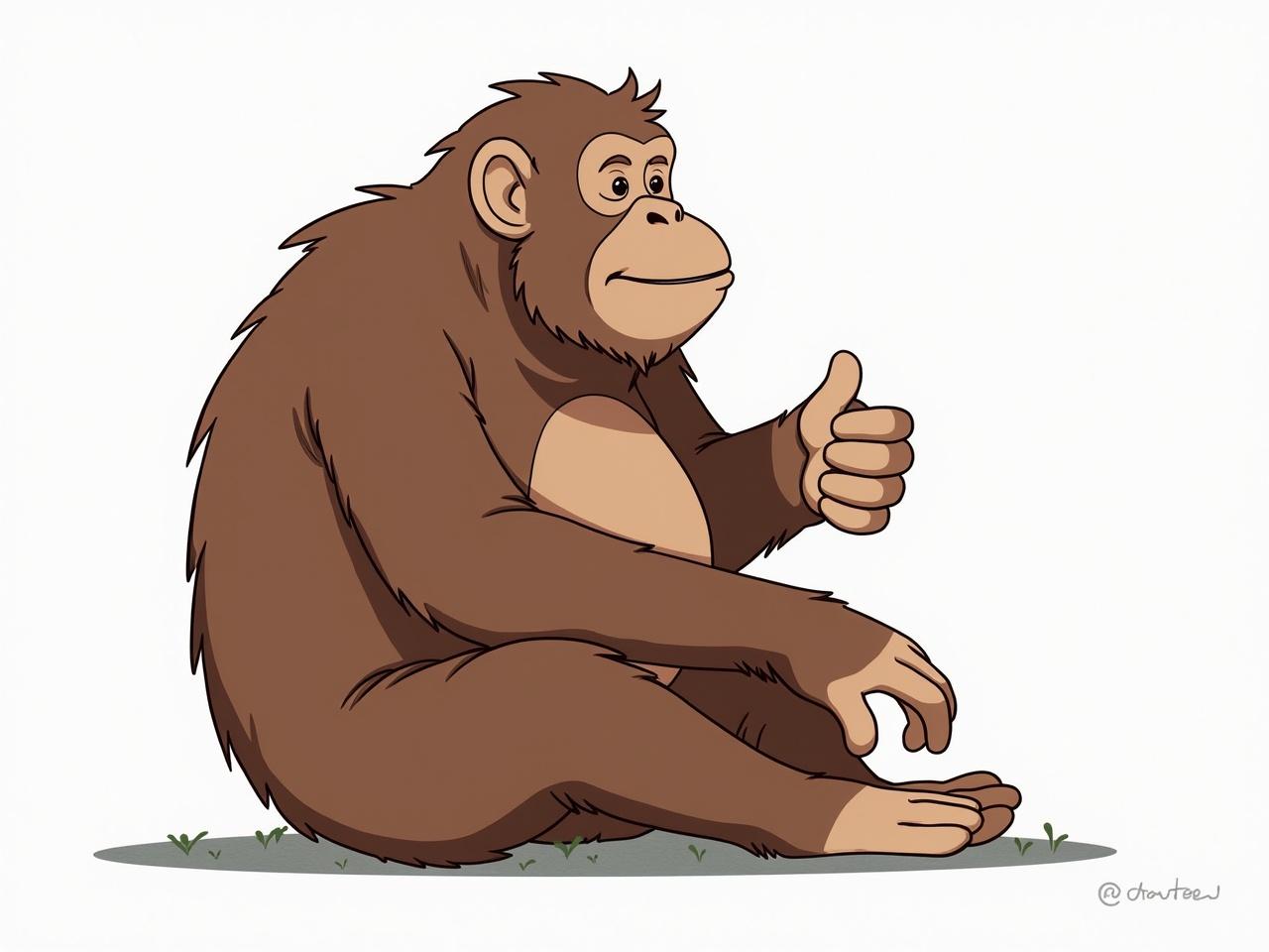 This is a cartoon illustration of an ape sitting down. The ape is depicted in brown fur with beige accents on its face, hands, and feet. It is giving a thumbs-up gesture, symbolizing approval or positivity. The background is minimal, enhancing the focus on the ape. The character appears friendly and approachable, making it suitable for various contexts such as children's books or educational materials.