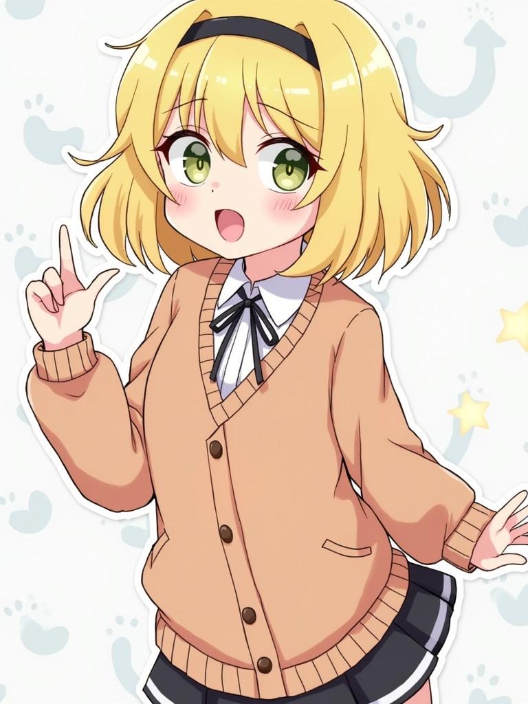 Anime character wearing a beige cardigan and black skirt. The character has blonde hair and is posing cheerfully. Background includes light patterns.