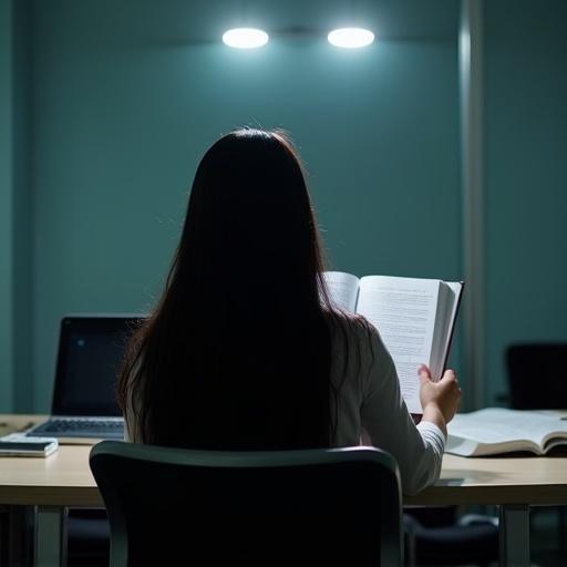 Photograph of a young lady lawyer with long dark hair working in a dimly lit office at night. The scene shows her reading a thick white legal textbook while seated. The office space appears mostly empty, with only a few chairs visible in the background. The atmosphere is quiet and focused.