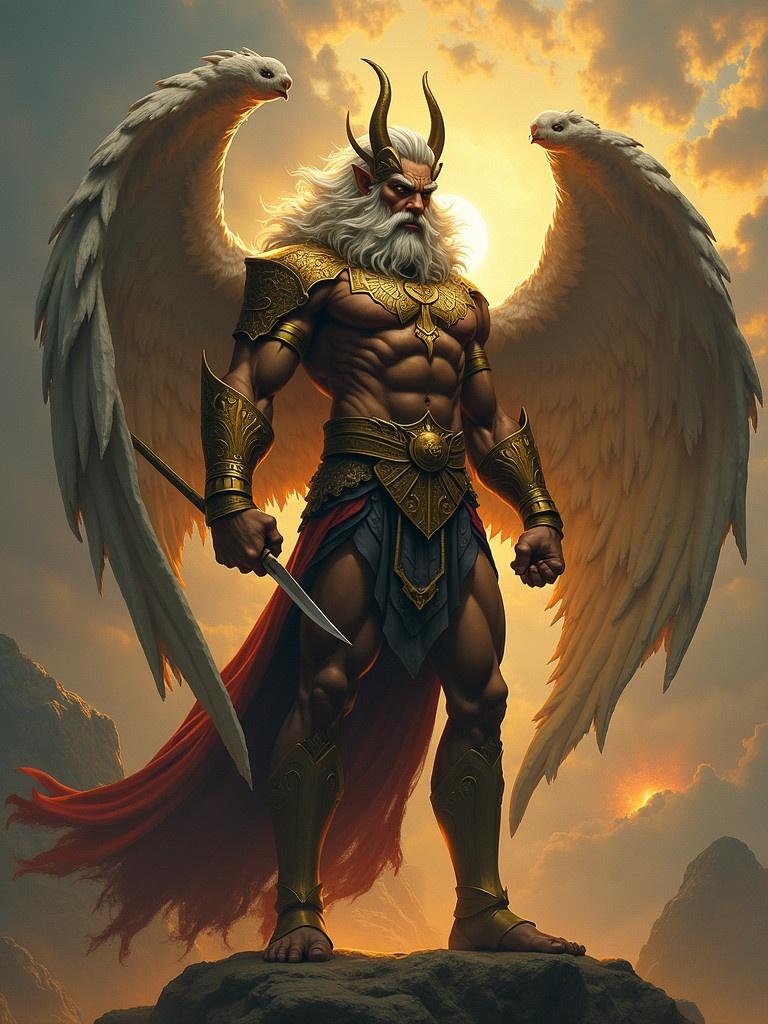 A powerful mythology god with large wings stands confidently atop a rocky outcrop. The scene depicts a dramatic sunset with golden clouds. The god features muscular form and wears ornate golden armor while holding a sword.