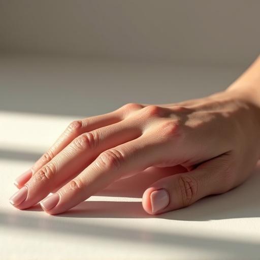 Close-up image of a human hand on a neutral surface. Natural skin texture with realistic wrinkles and pores. Relaxed hand with slightly curved fingers. Accurate bone structure. Shot in soft daylight.