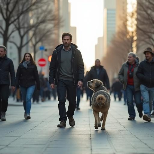 A man walks a medium-sized friendly tardigrade along a city avenue. The street is filled with astonished pedestrians who stop and point. The scene is vibrant in daylight, with a modern urban background and cinematic depth of field. The tardigrade bounces slightly as it moves. Both subjects are the main focus in a surreal yet realistic setting.