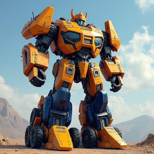 A robot in the style of Transformers with a vibrant orange color scheme. The robot is large and standing in a rocky, desert landscape. It has mechanical details and an imposing presence.