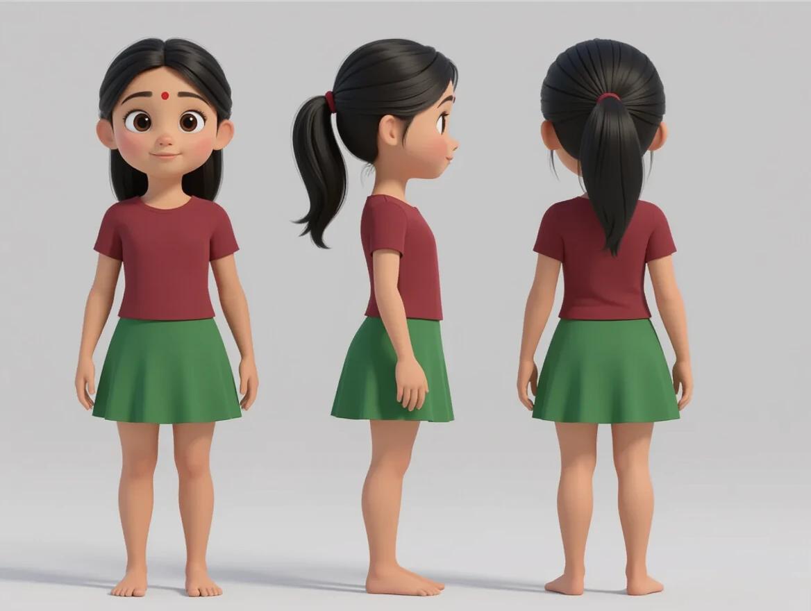 3D character sheet of a cute little girl on a plain white background. Full body view depicting front side and back. Stylized design with maroon t-shirt and green skirt. Girl has medium-length black hair in a ponytail. Small red bindi on forehead. She is barefoot. Pixar 3D render.