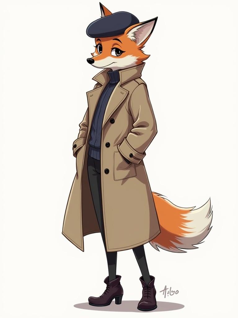 Vibrant anthropomorphic fox wearing a stylish trench coat and beret. Character has orange fur with a white chest and bushy tail. No background present.