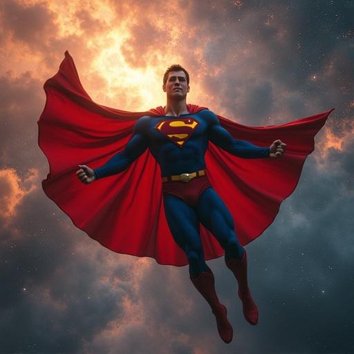 Superman flying against a cosmic backdrop. Hyper-realistic style, photographic quality.