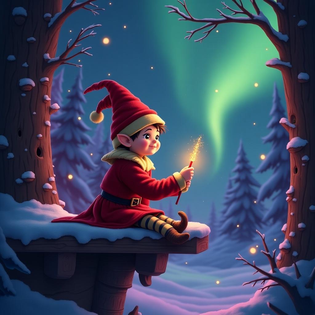 Traditional red elf in the magical forest of the North Pole. Purple and green northern lights are visible. Elf is writing 'Hudson' with a glowing wand stick.