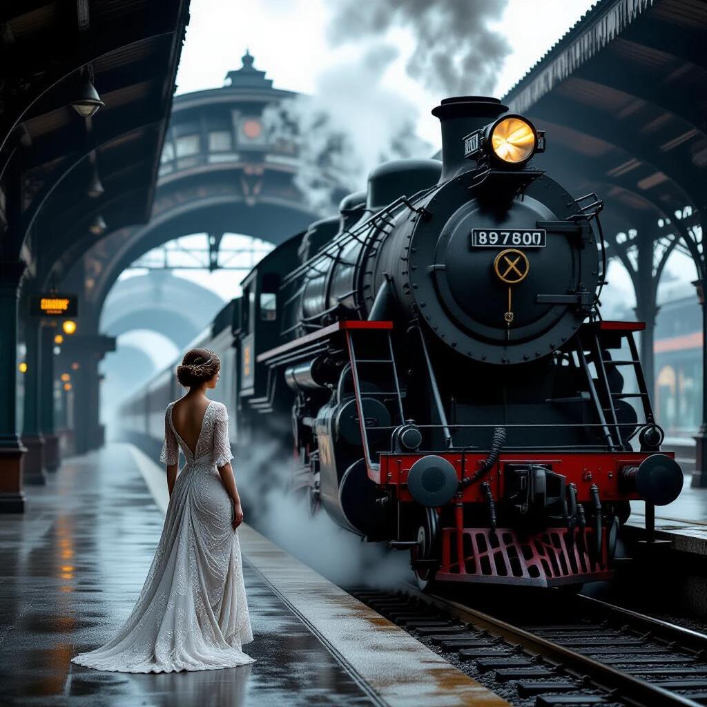 A Russian woman in a delicate lace dress stands alone on a misty train platform. She gazes at a massive steam locomotive with peeling paint and giant wheels. The scene captures a stark contrast between her beauty and the locomotive's decay. Dramatic lighting and swirling steam enhance the atmosphere.