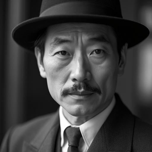 Close-up portrait featuring a classic 1940s Shanghai gentleman. Traditional Chinese changshan or tailored Western suit worn. Neatly styled hair and thin mustache. Calm expression portrayed. Black and white film style used with soft shadows and nostalgic lighting. Evokes elegance and charm of old Shanghai.
