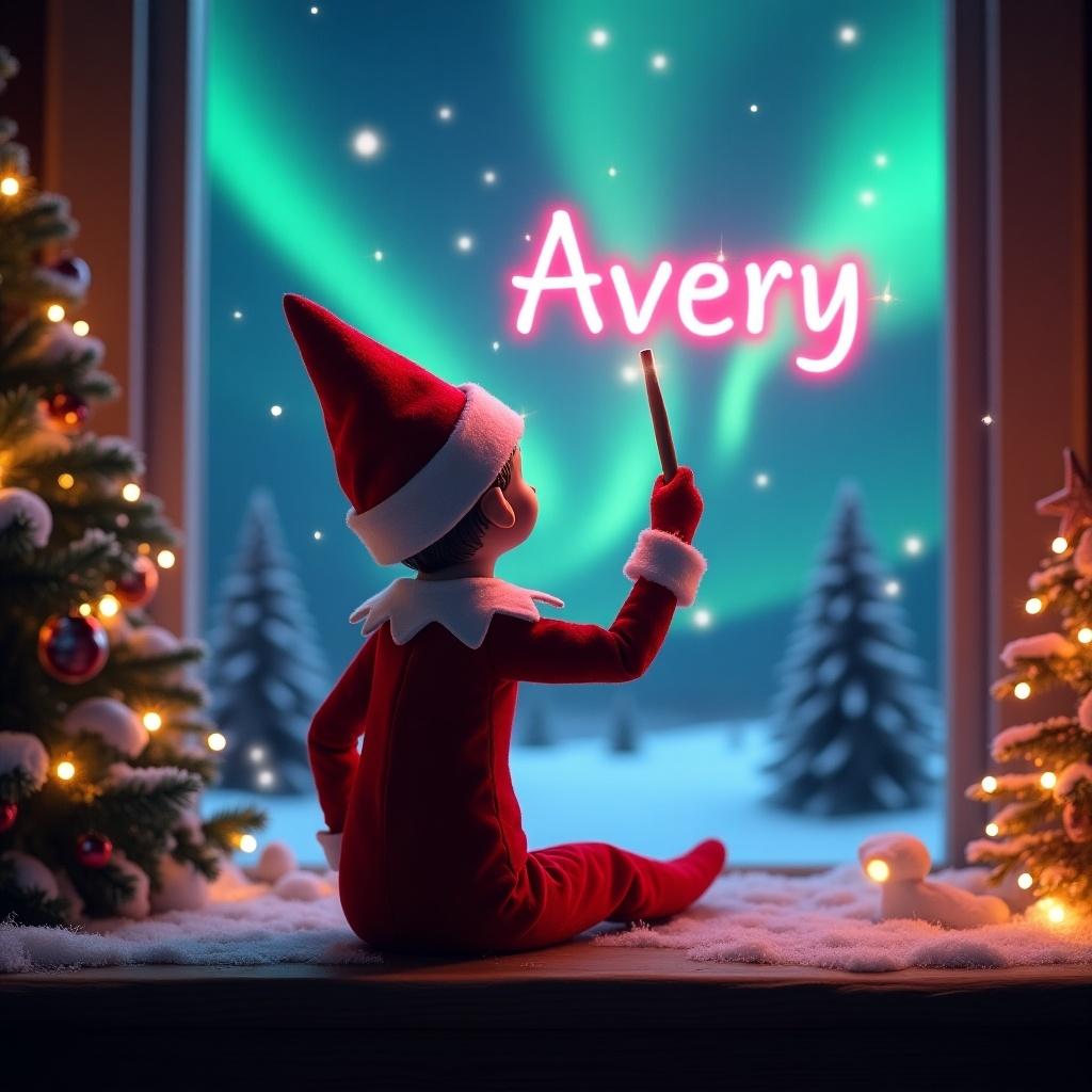 An enchanting Christmas scene features an elf on the shelf, dressed in red and white. The elf is facing the sky with his back to the viewer, wielding a magic wand. Above him, he writes 'Avery' in a glowing pink script. The backdrop showcases vibrant northern lights against a snowy landscape. The scene is adorned with Christmas trees and decorations, enhancing the festive atmosphere. This whimsical setting captures the joy and wonder of the holiday season.