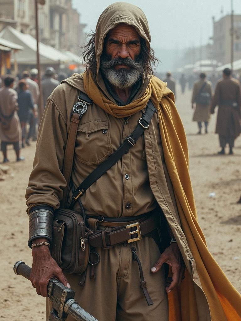 A man dressed in historical desert attire stands in a busy marketplace. He wears a tan outfit with a long cloak and carries a sword. The setting has a dusty atmosphere with people walking in the background. The image captures the essence of adventure and exploration in a historical context.