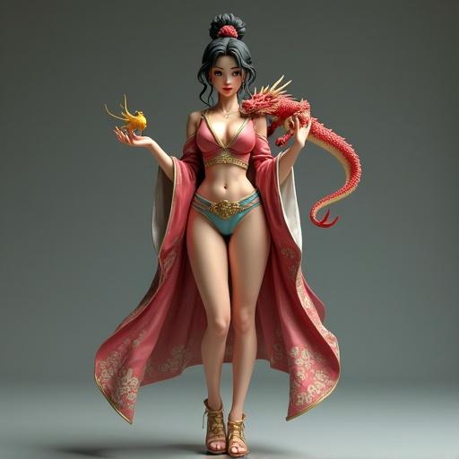 A sensual female resin figure inspired by Mulan. She stands with a powerful attitude. Wears a short kimono with a side slit. Kimono has floral patterns. Colors are red, sky blue, and gold. A small red dragon rests on her shoulder. In one hand, a pet cricket. Classic hairstyle with a high bun and loose strands. Gold accessories with traditional details on her belt and shoes.