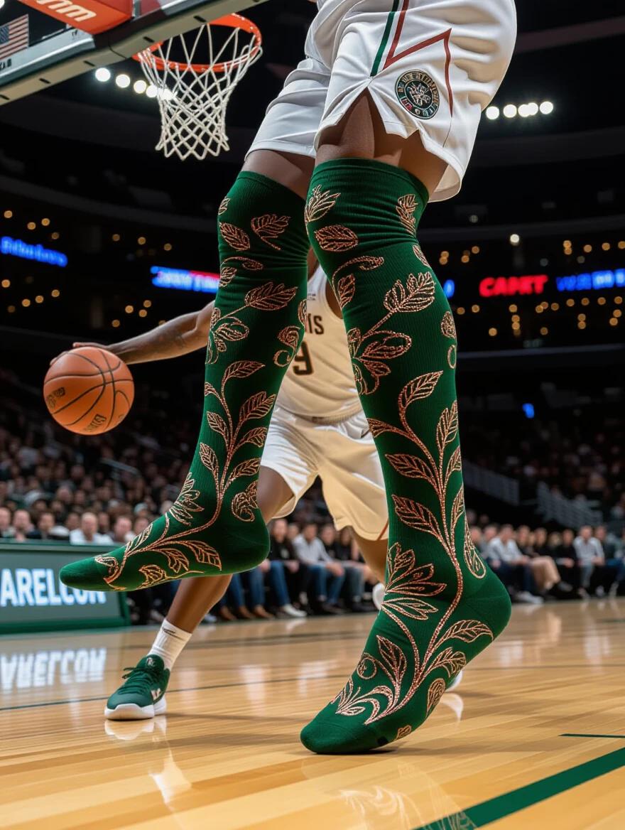 Intense basketball action shot highlights crew socks featuring Art Nouveau botanical patterns. Socks have deep forest greens with metallic copper accents. Elegant vine motifs and stylized leaves spiral around the leg. Copper threading adds luxurious highlights. Player makes a powerful drive to the basket. Arena lighting creates dramatic shadows on the socks. The polished hardwood reflects sophisticated colors. High-speed photography captures athletic intensity and textile craftsmanship. Patterns pulse with movement creating visual rhythm.