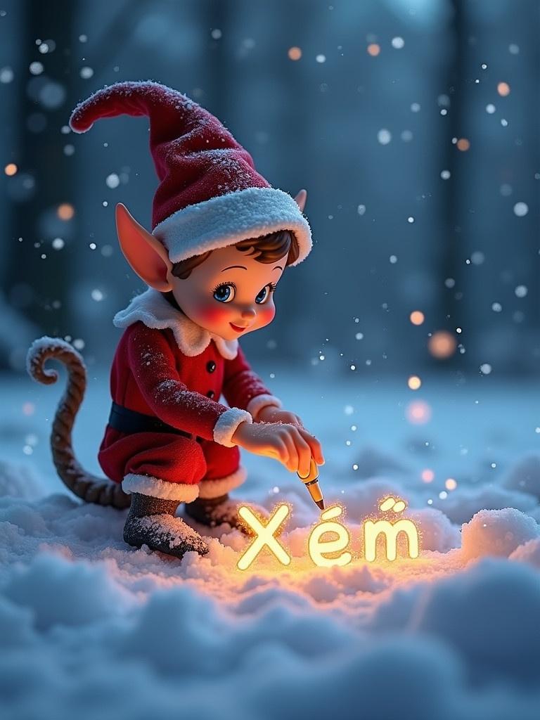 In a magical winter scene an elf dressed in red writes name Xem in the snow using a glowing pen. Soft snowflakes are falling surrounding the scene. Soft lighting highlights the elf and the letters.