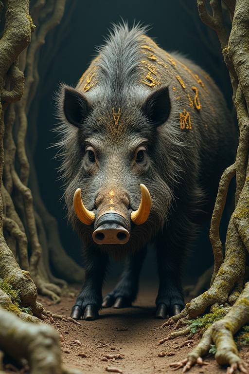 Visualize a sturdy boar with tusks like ancient roots and moss-covered hide. Runes glow on its back. Stands in gnarled roots forming a gateway to hidden realms. Surrounding earth pulses with energy. Small earth creatures like glowing worms and crystal beetles move reverently.