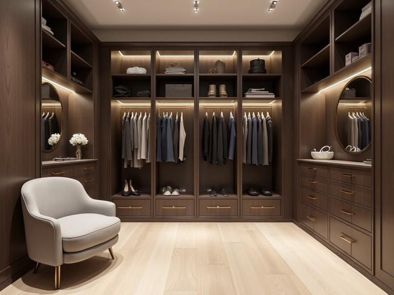Large walk-in closet rendered in modern style. Dark warm taupe walls and closet doors with textured finish. Glass doors show organized clothing on golden hangers. Light beige wooden flooring extends throughout. Light gray upholstered round chair on left. Vanity area with dark countertop next to chair. Linear LED lighting creates warm glow. Directly above floor perspective enhances spaciousness. Balanced composition with neatly divided space. Luxurious and stylish atmosphere with high-end design elements.