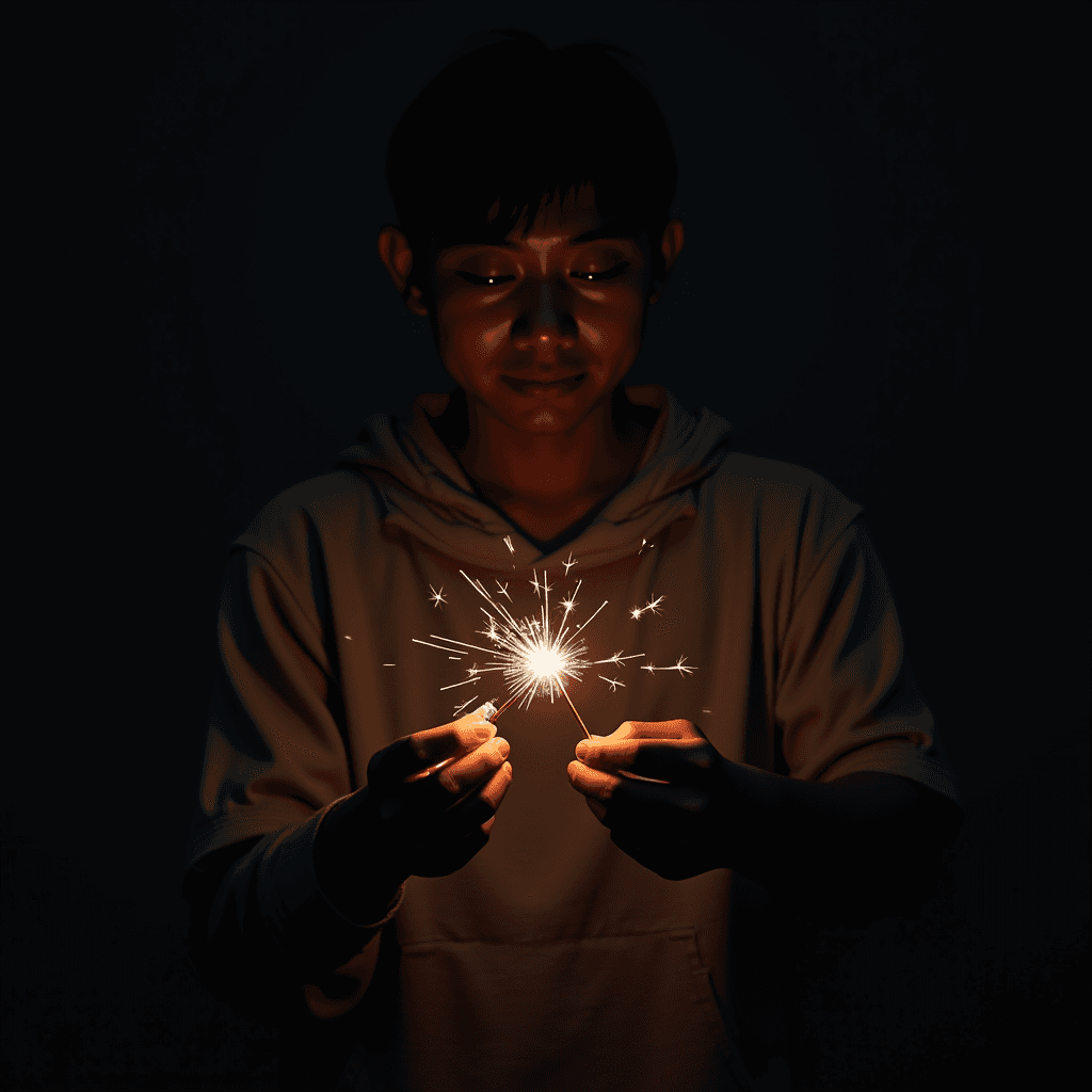 A person gently holding a glowing sparkler in the dark, creating a magical and intimate moment.