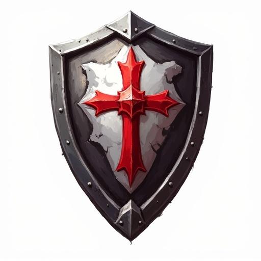Icon representation of a legendary white, black and red breastplate. Icon representation of a magic shield. Icon of a royal shield designed for a card game. Paint style. Transparent background.