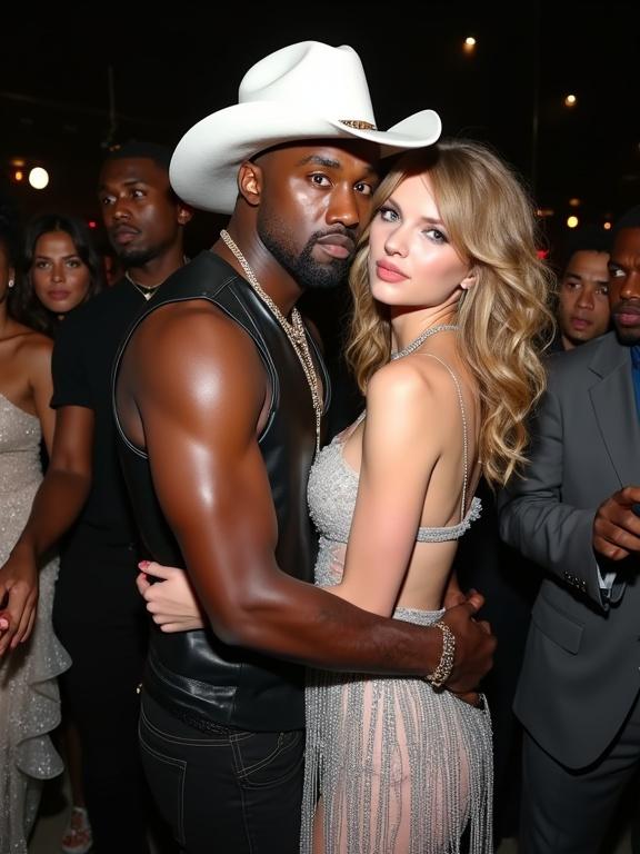 A singer and a rapper at a glamorous awards after-party. The singer has long light blonde curly hair and big blue eyes. She wears a white cowboy hat and a sparkly silver fringe dress. The rapper is dressed in a black leather vest. They are close together with the crowd around them, conveying a lively party atmosphere.