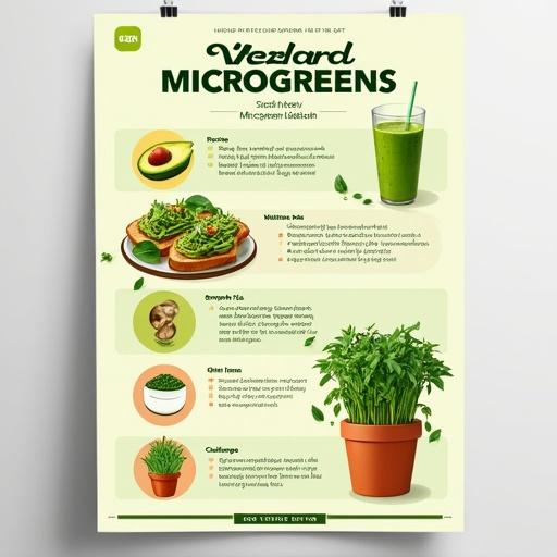 Vertical poster titled Mustard Microgreens. Sections include Recipe, Smoothie, Garnish Idea, Wellness Tip, Challenges, Call to Action. Modern layout with earthy tones.