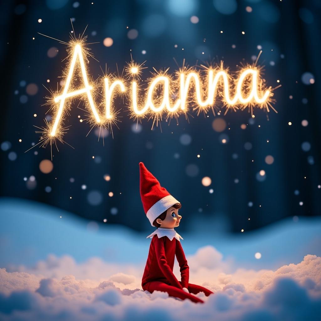 Elf on the Shelf in a snowy scene at night. Name Arianna written in the sky with sparklers. Snowflakes falling around.